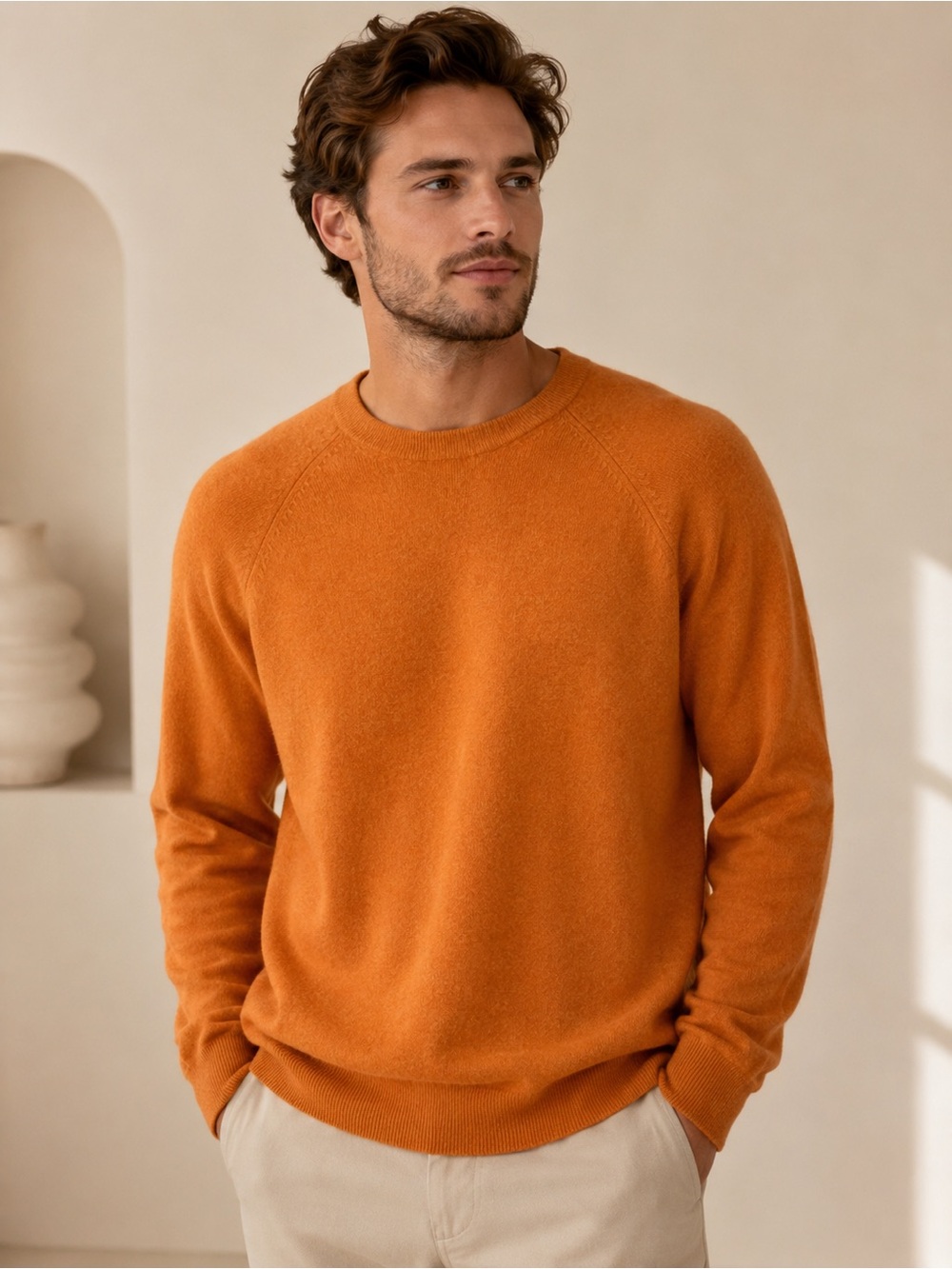 Giasone Men’s L 100% 2 Ply Cashmere Orange Crewneck Sweater Quiet Luxury